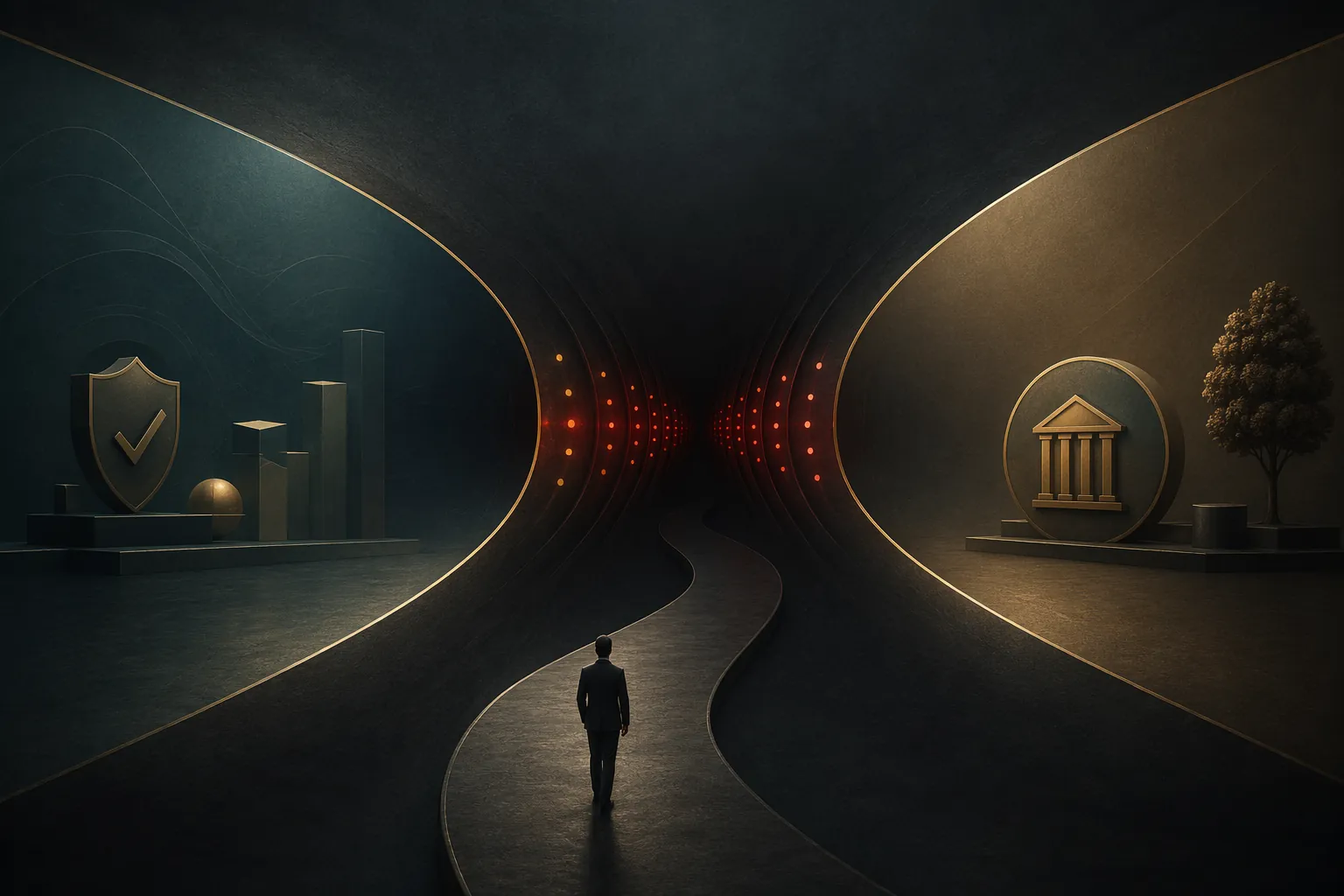 Abstract narrowing corridor with warning tones, representing a tax deduction phaseout zone