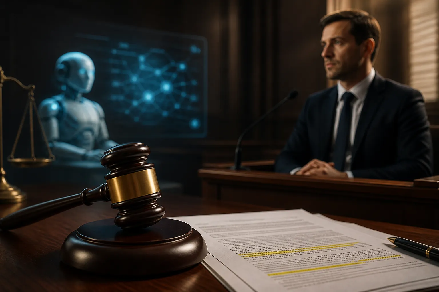 Courtroom documents with highlighted citations near a gavel and an AI figure in the background