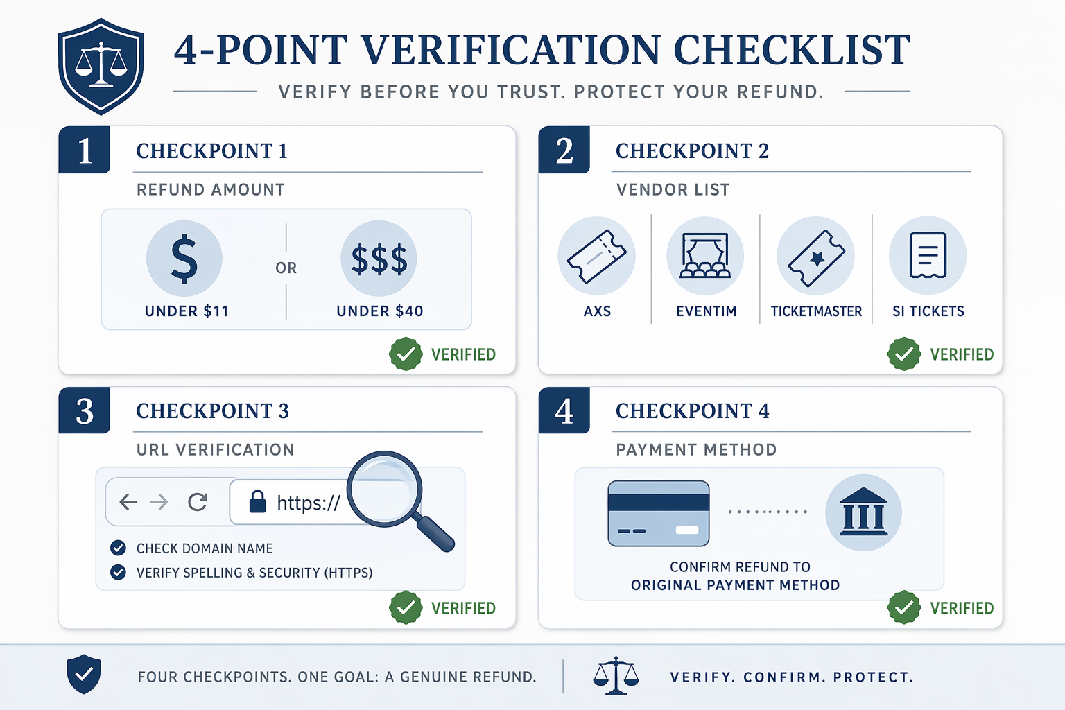 Four legal triage cards for refund amount, vendor list, URL verification, and payment method