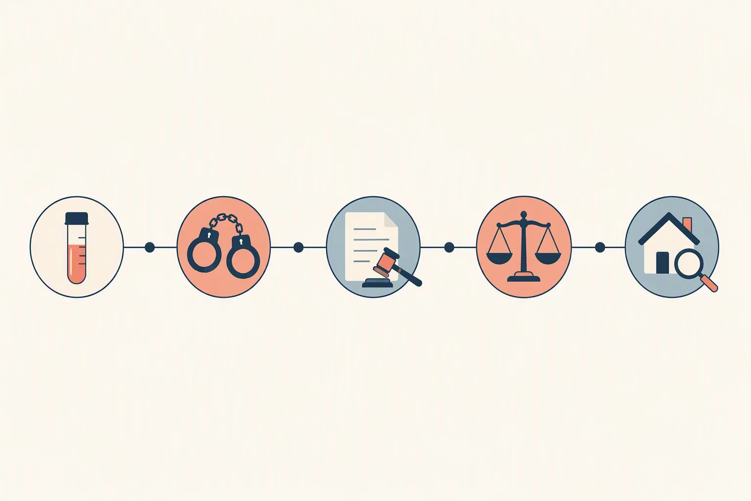 Minimal legal timeline showing test vial, handcuff, indictment document, scales of justice, and house search icon