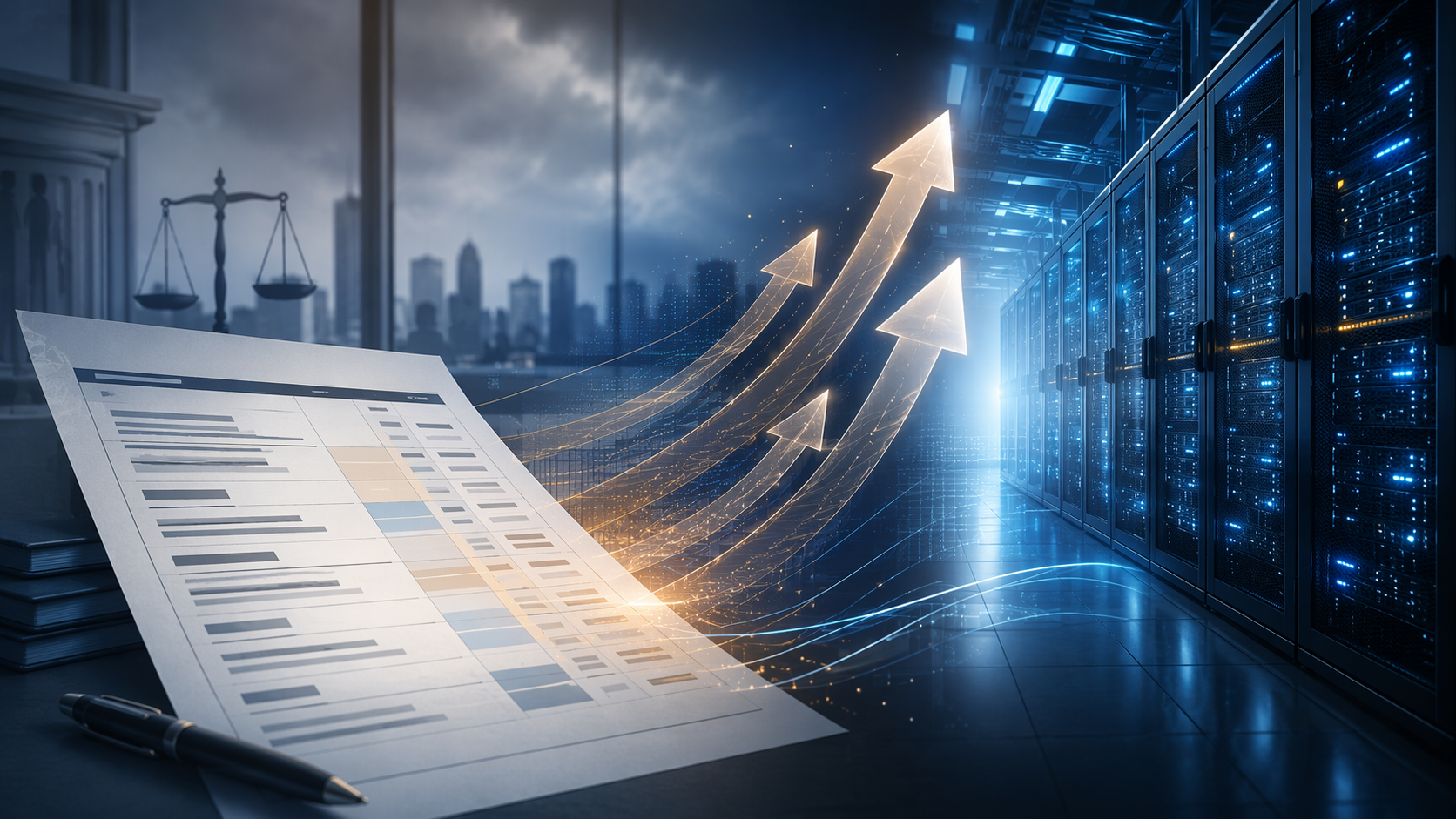 A budget sheet pointing toward a data center with upward pressure arrows