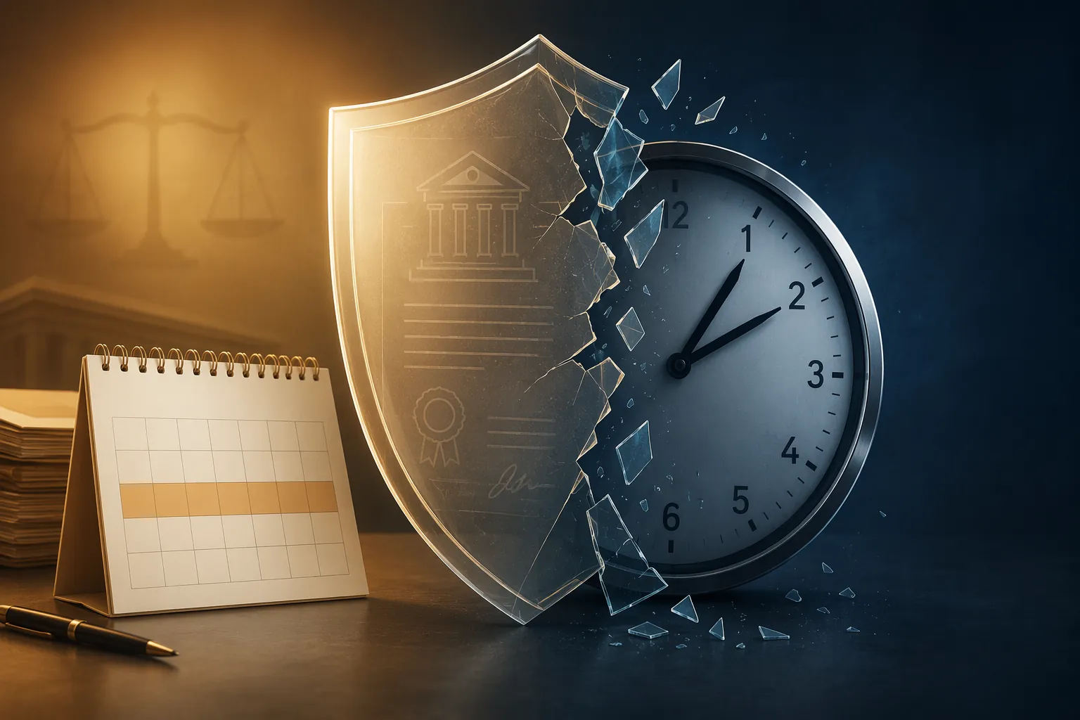 Protective legal shield cracking into a clock that counts days after TPS protection ends