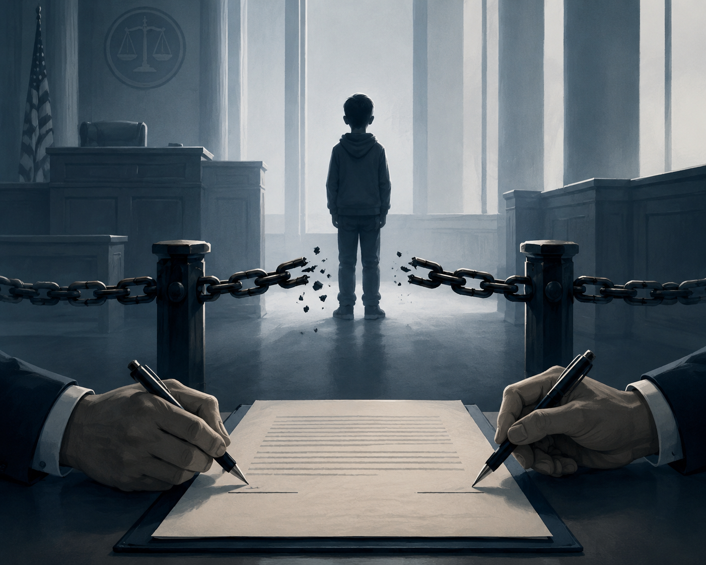 Young person separated from a contract-signing process by a broken protective barrier