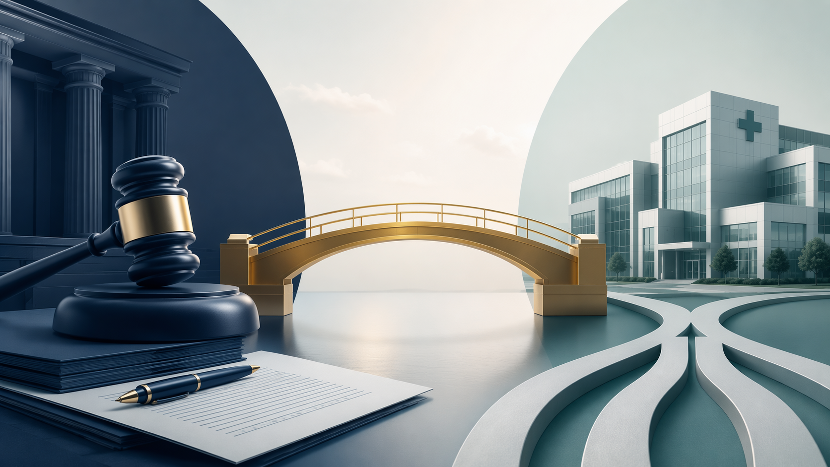 Legal documents and FTC imagery connected to a hospital merger pathway by a structural bridge