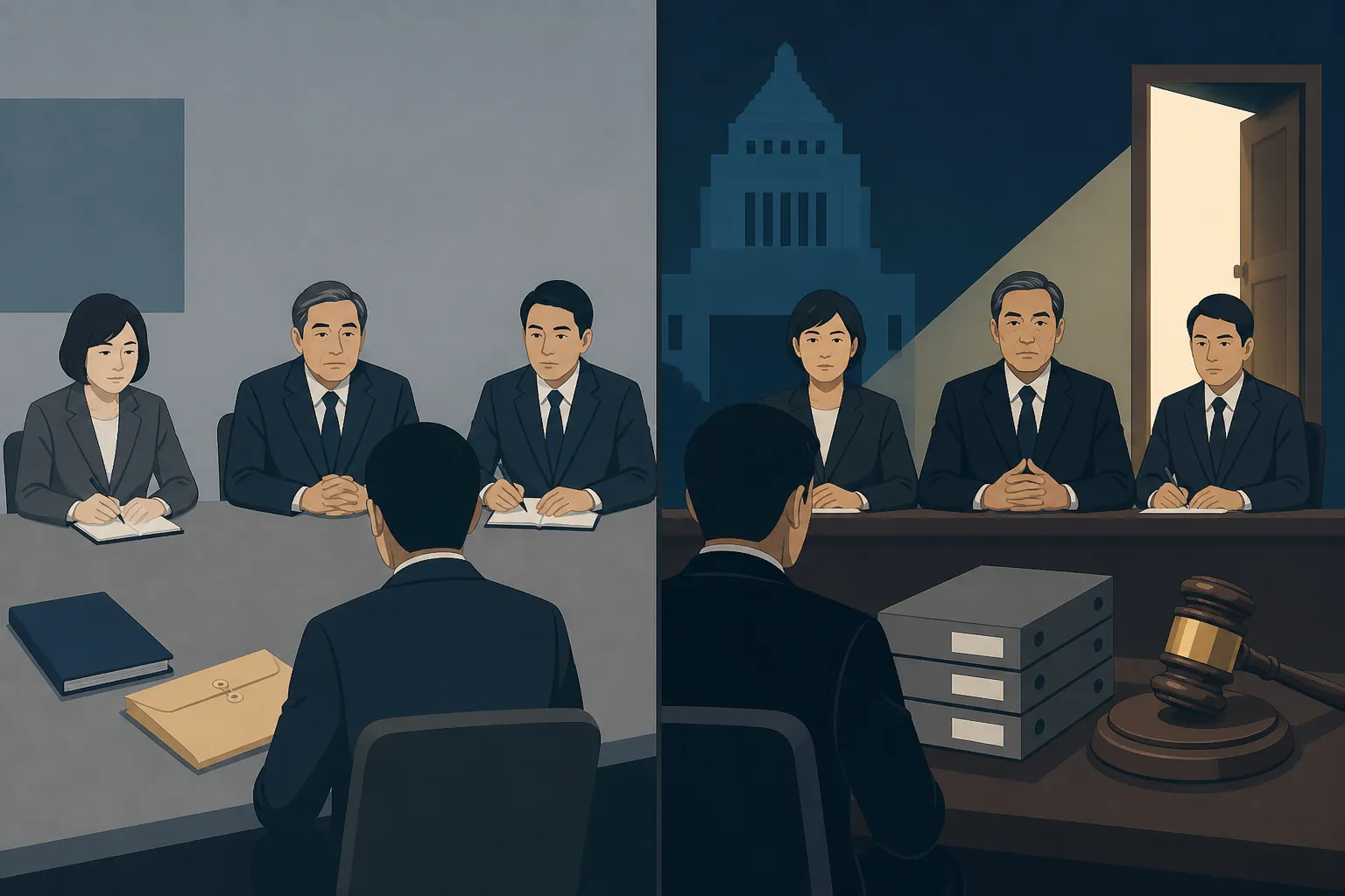 Split illustration comparing a limited interview process with a more formal inquiry using case files and a gavel