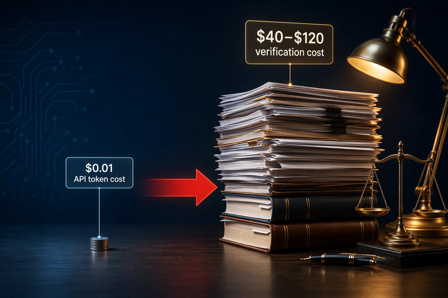 Tiny token-cost coin stack contrasted with a much larger attorney verification cost for legal AI review