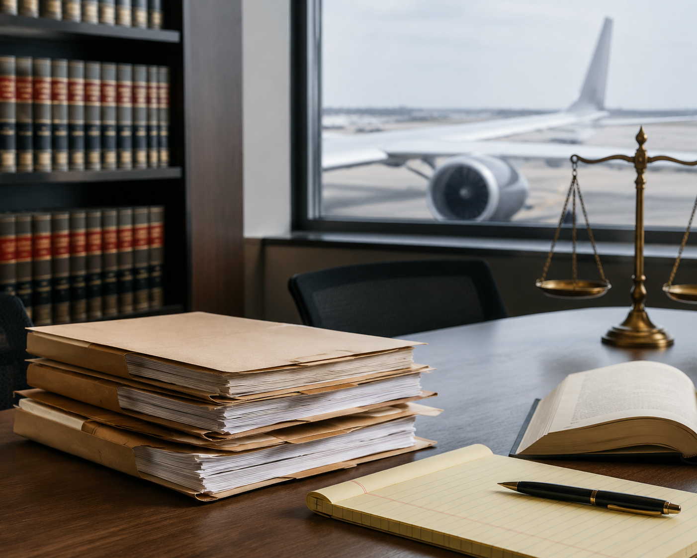 Regulatory document folders and legal pads on a conference table with an aircraft wing and engine in the background