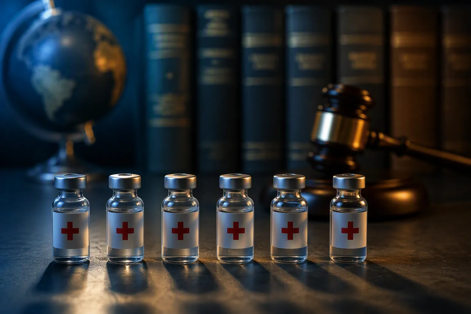 Vaccine vials in front of legal books and a gavel