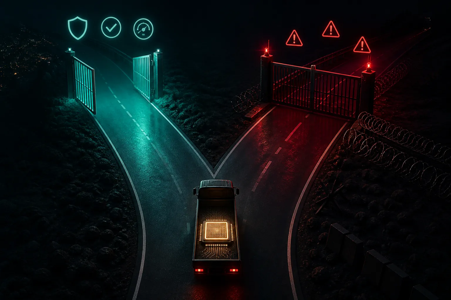 Road splitting into a teal lane with an open gate and a crimson lane blocked by a barred gate as a chip shipment waits at the fork