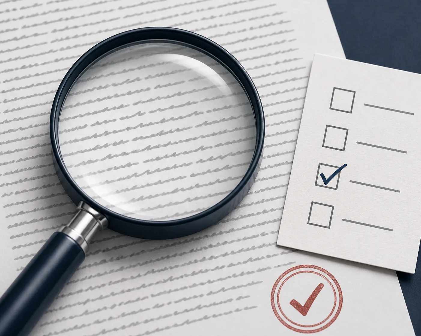 Magnifying glass over fine print beside a legal verification checklist