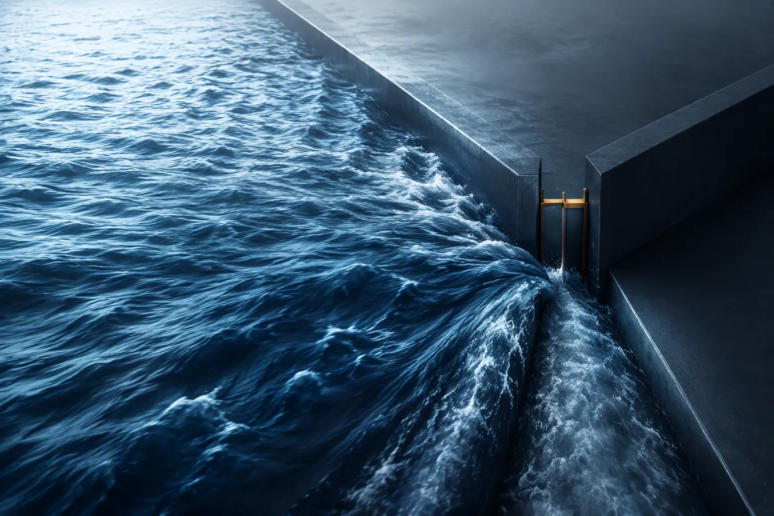 Wide flood of water funneled through a narrow sluice gate to show constrained throughput