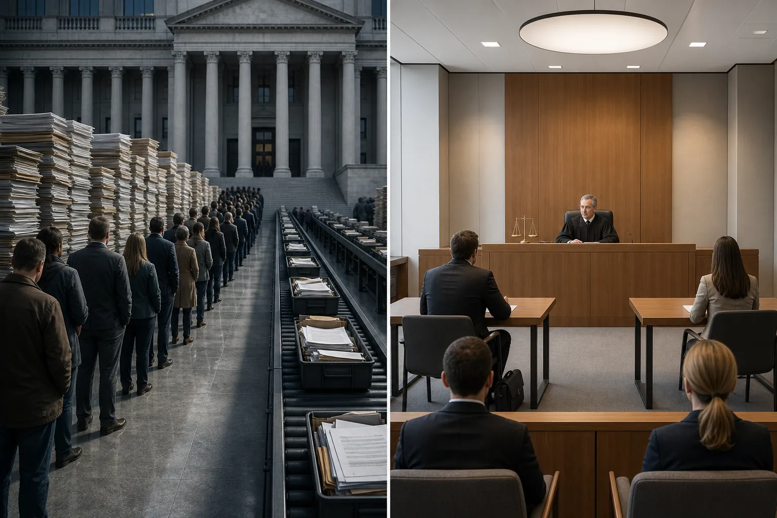 Split illustration comparing a long government backlog queue with a compact small-claims courtroom as two enforcement routes