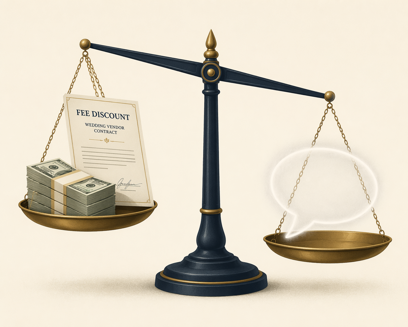 Legal scale weighing a fee discount against vague promotional credit and exposure