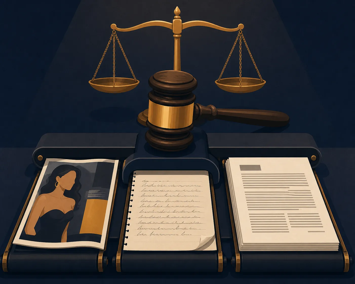 Different kinds of documents passing beneath one judge's gavel and scales