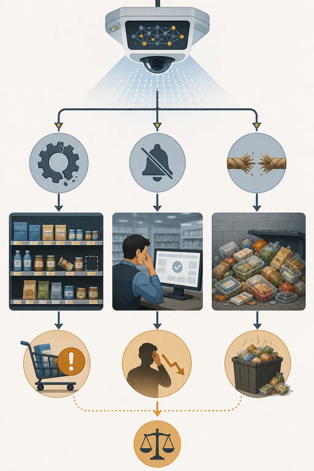 Visual map of AI inventory failure leading to design defect, warning, and loss allocation issues