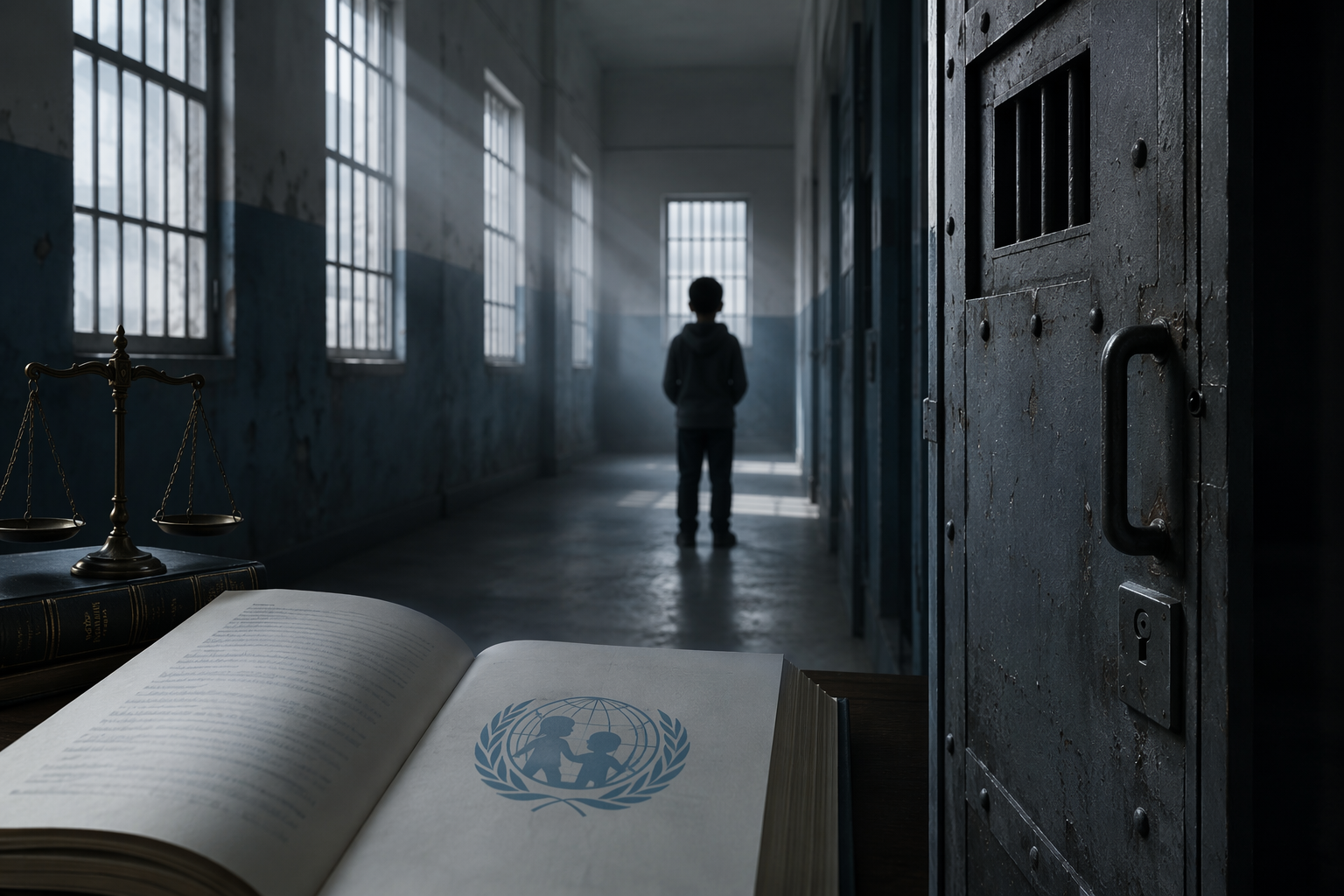 Silhouetted young person in an institutional hallway beside a child-rights legal document