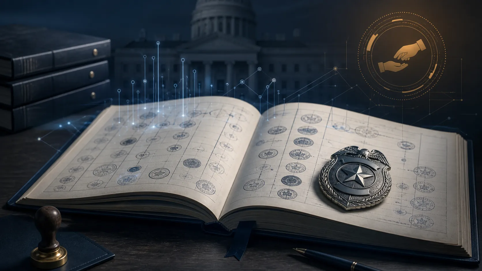 Open dark-toned risk ledger with police badge emblem and faint circuit nodes