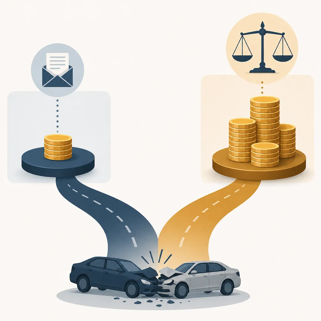 Editorial illustration of a car crash icon with diverging paths toward a small first-offer coin stack and a larger settlement stack beside legal scales