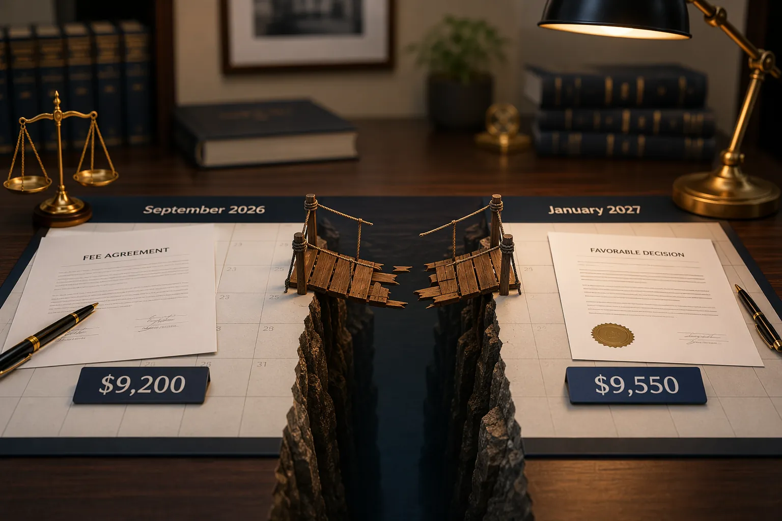 Law-office calendar showing a September 2026 fee agreement at $9,200 and a January 2027 favorable decision near $9,550