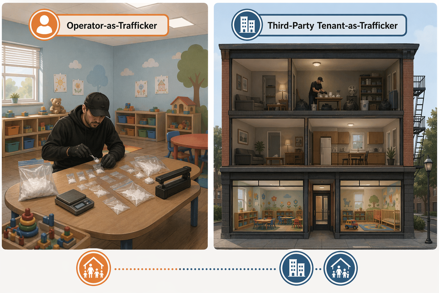 Editorial comparison of operator-as-trafficker and third-party tenant-as-trafficker liability scenarios