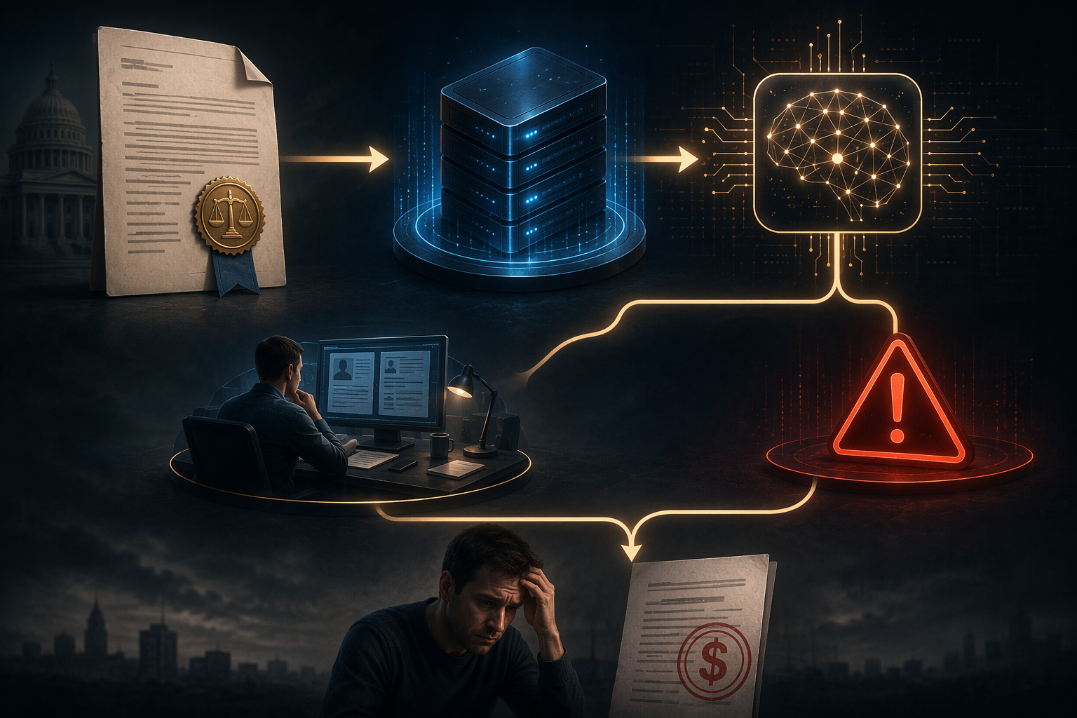 Illustration of a legal document moving through servers and AI review toward a warning and penalty document