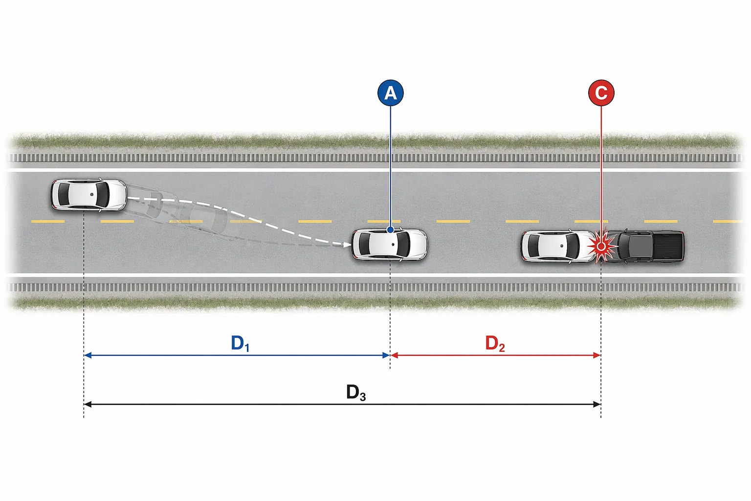 Schematic of a two-lane highway showing a vehicle returning to the right lane before a marked collision point with measured distance lines