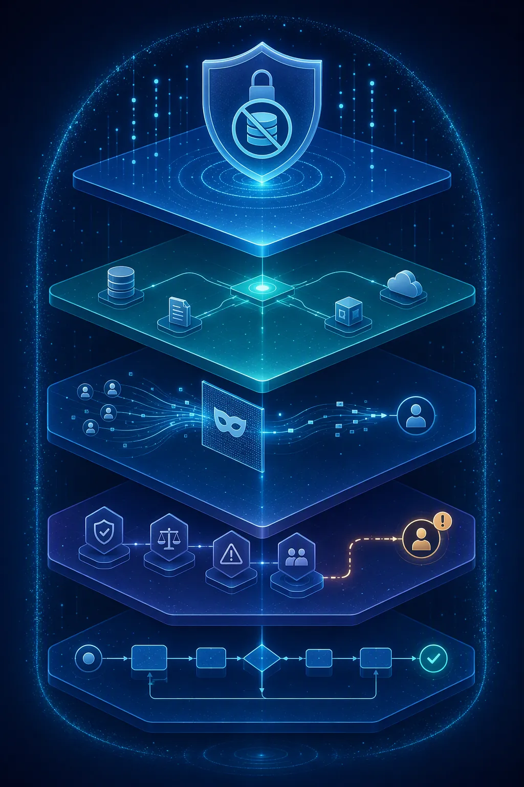 Layered AI security architecture with privacy, grounding, filtering, guardrails, escalation, deterministic workflow, and observability
