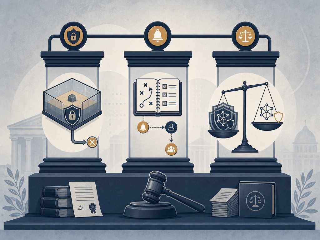 Three AI governance pillars showing sandbox isolation verification, evaluation-phase incident response planning, and guardrail asymmetry review