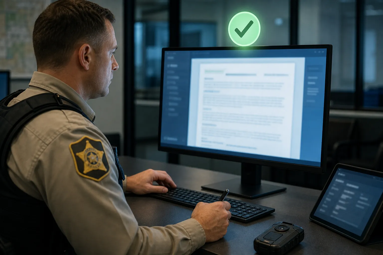 Deputy reviewing an AI-drafted incident report on a monitor with body-worn camera equipment on the desk