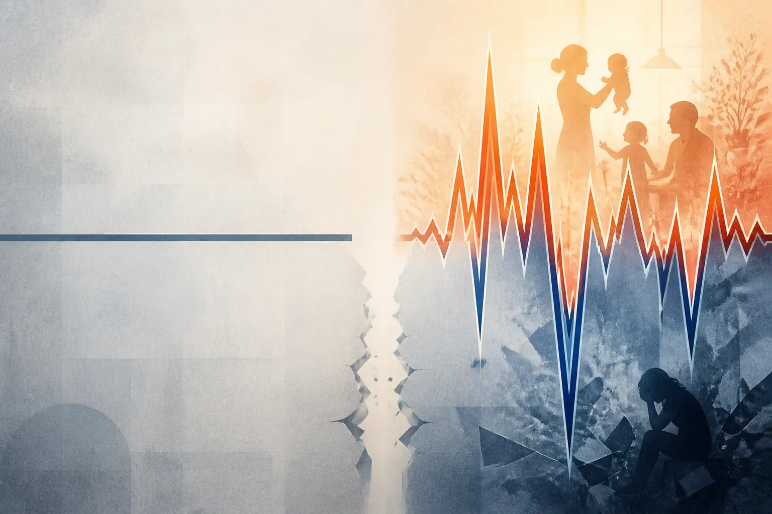 A two-panel illustration comparing a steady line for legal expectations of mental illness with a jagged line for rapidly fluctuating postpartum psychosis