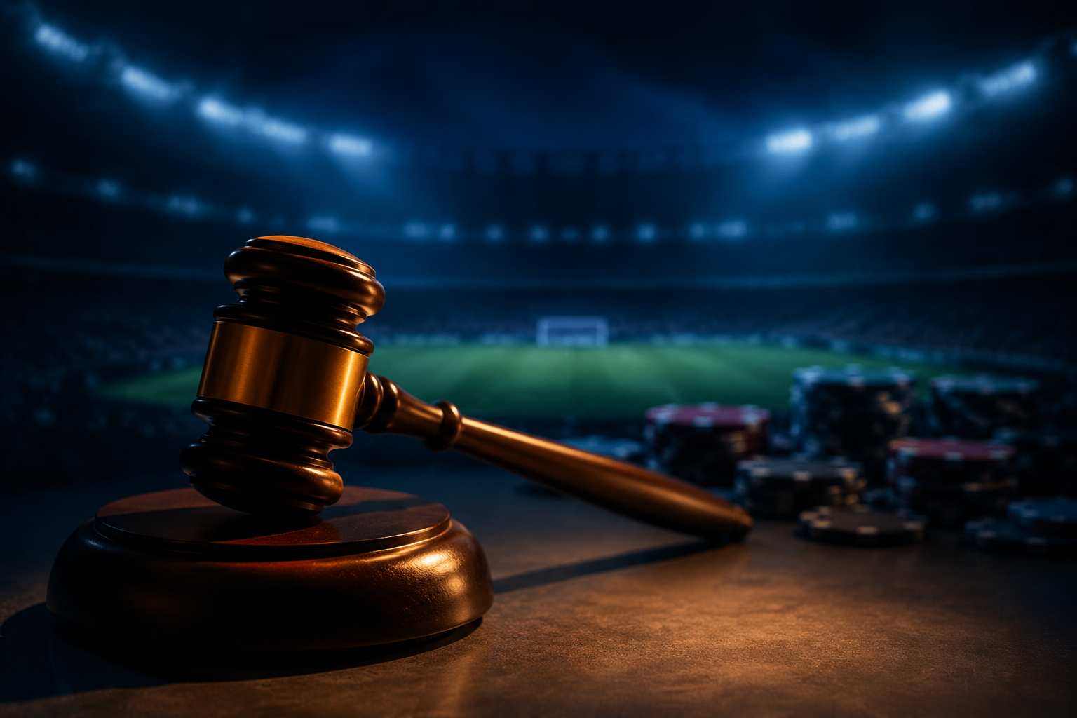 A gavel under warm light with blurred casino chips and a football stadium in the background