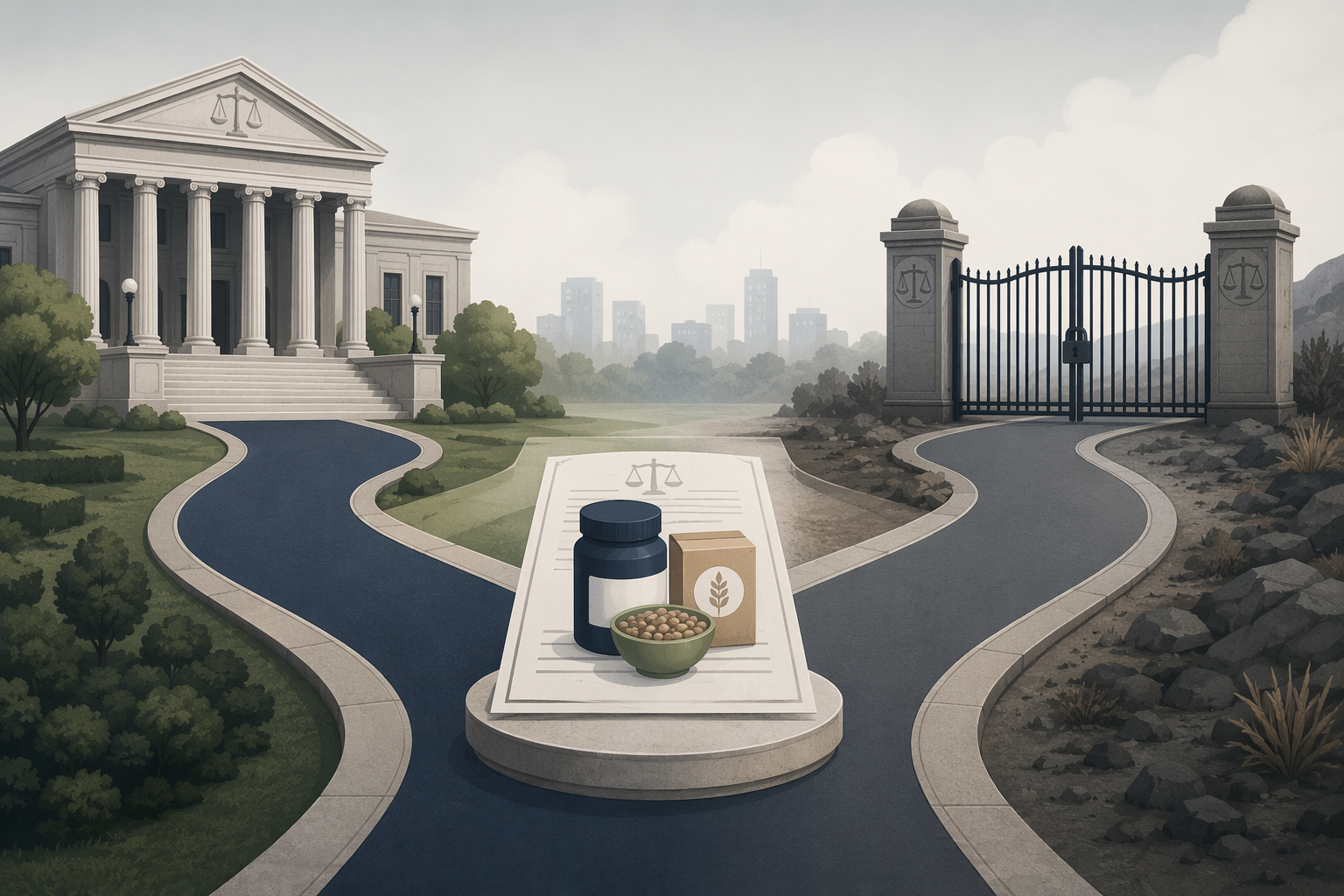 A legal pathway splitting toward a courthouse and a closed gate beside a food product document
