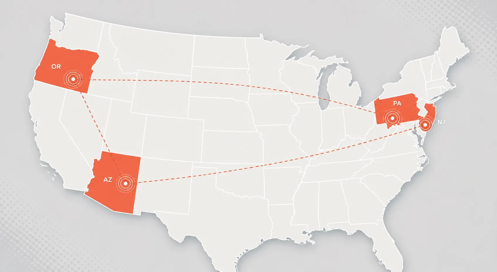Map of the United States highlighting New Jersey, Oregon, Arizona, and Pennsylvania as states with DMV-driven voter-registration errors