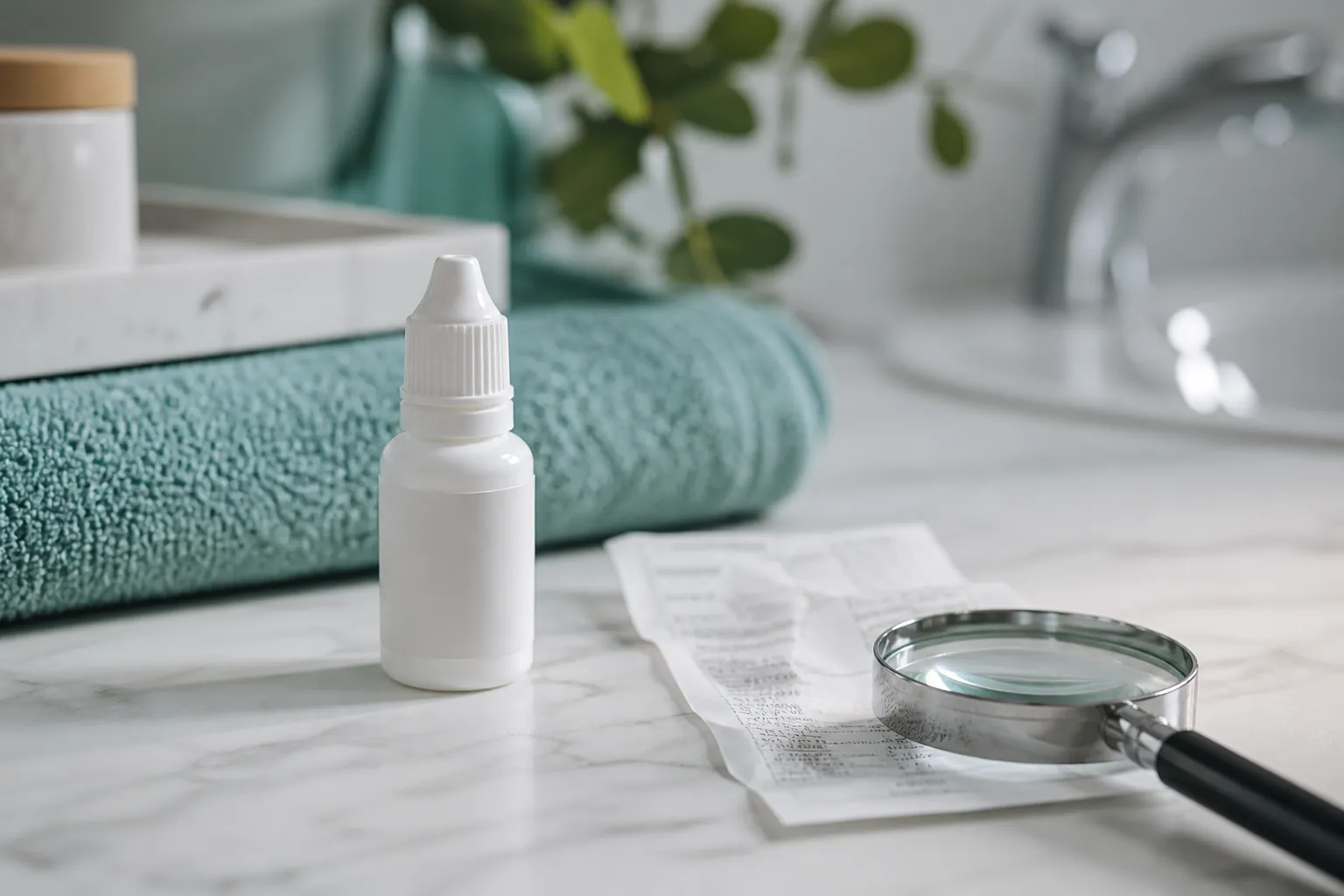 Eye drop bottle beside a receipt and magnifying glass on a bathroom counter
