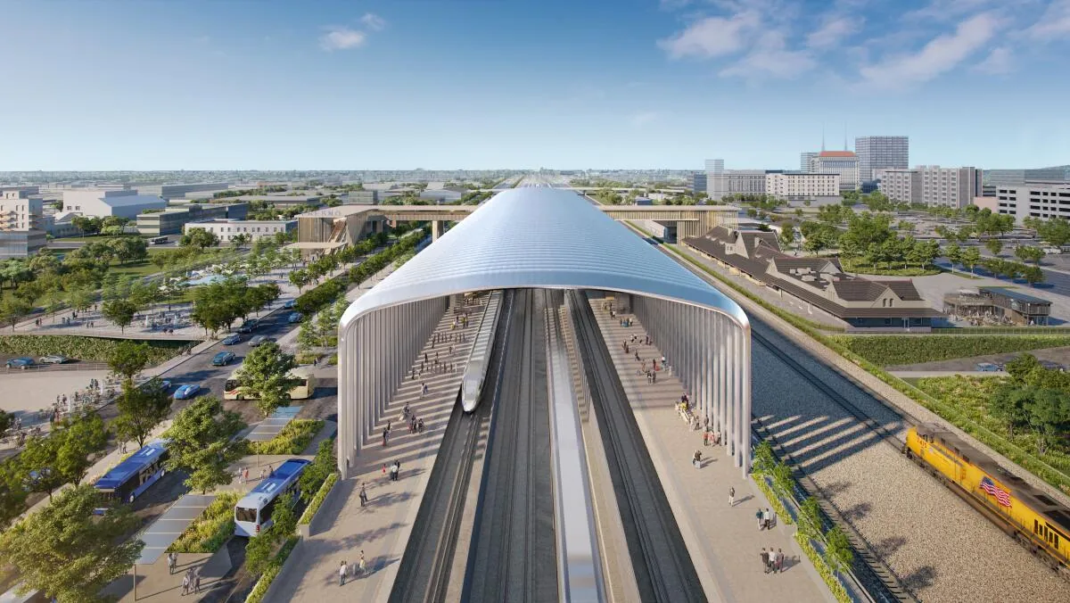 California high-speed rail construction near Fresno with viaduct columns and equipment
