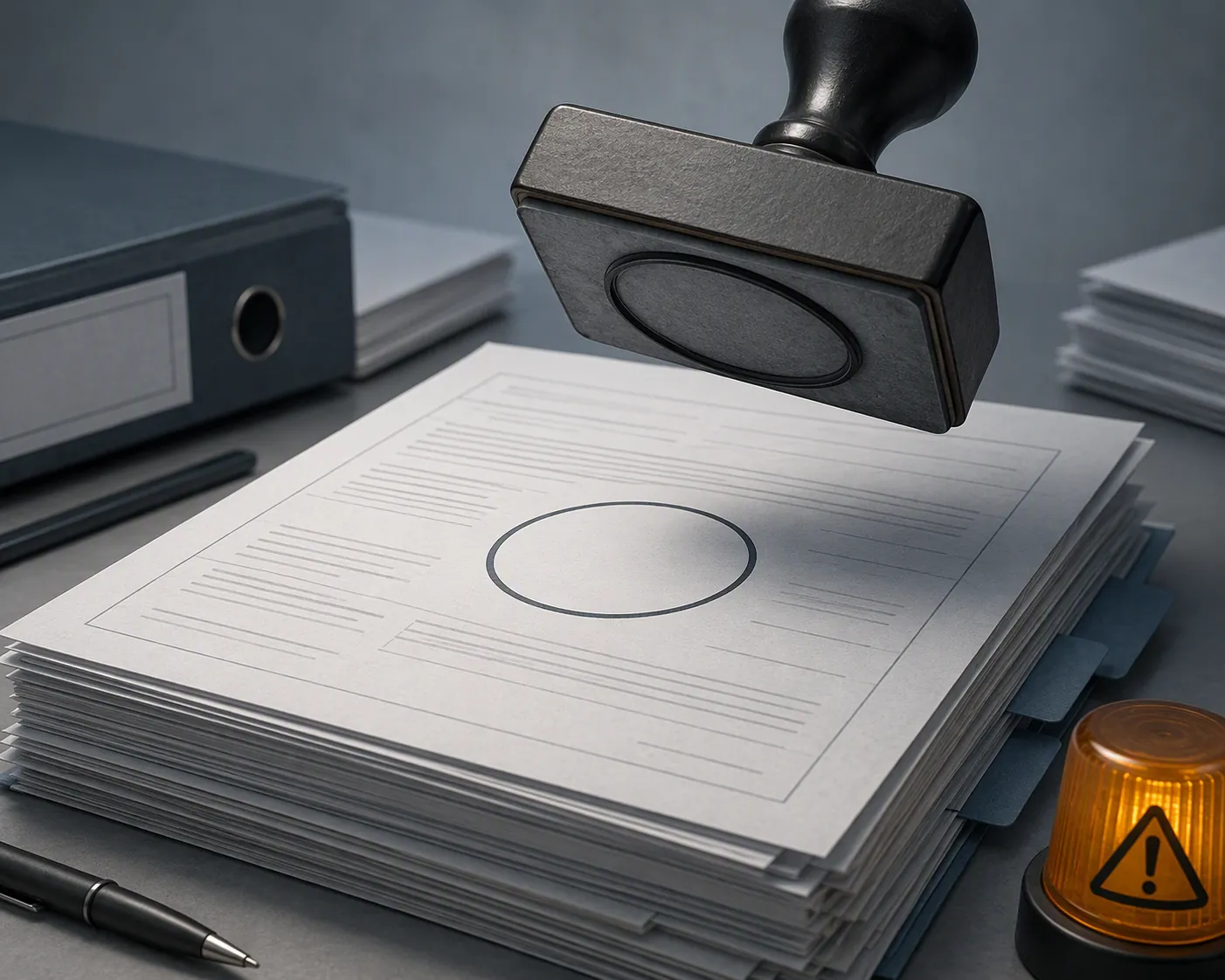 Official stamp hovering over regulatory documents with an empty mark symbolizing no recall decision