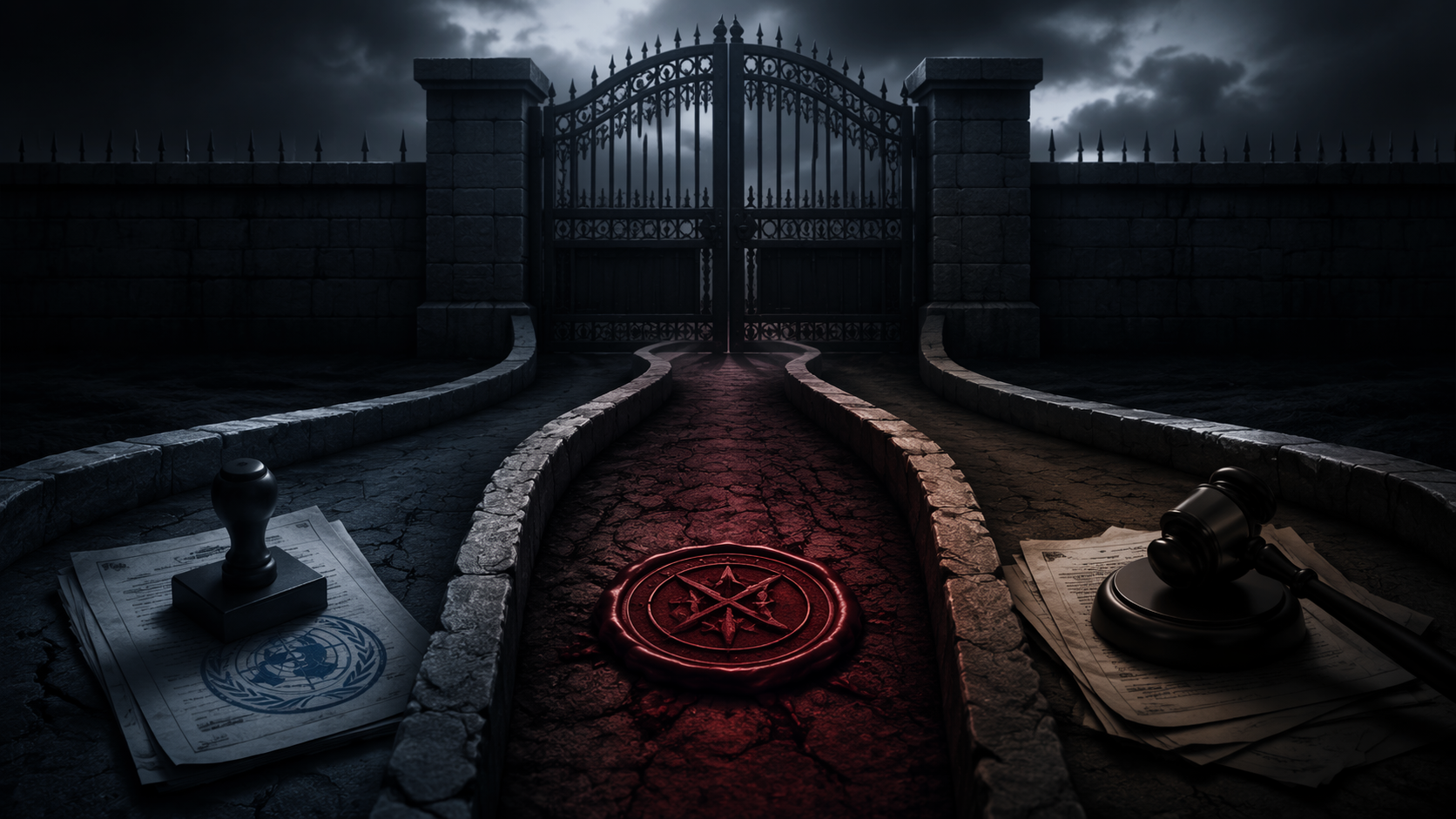 Three legal pathways converging into a closed iron gate, representing foreign-agent designation, extremism affiliation, and criminal conviction