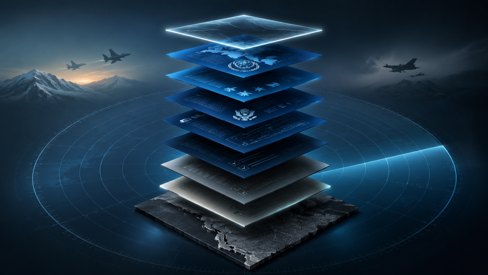 Layered document shapes within a radar pattern suggesting a multi-layered legal authority framework for air defense operations