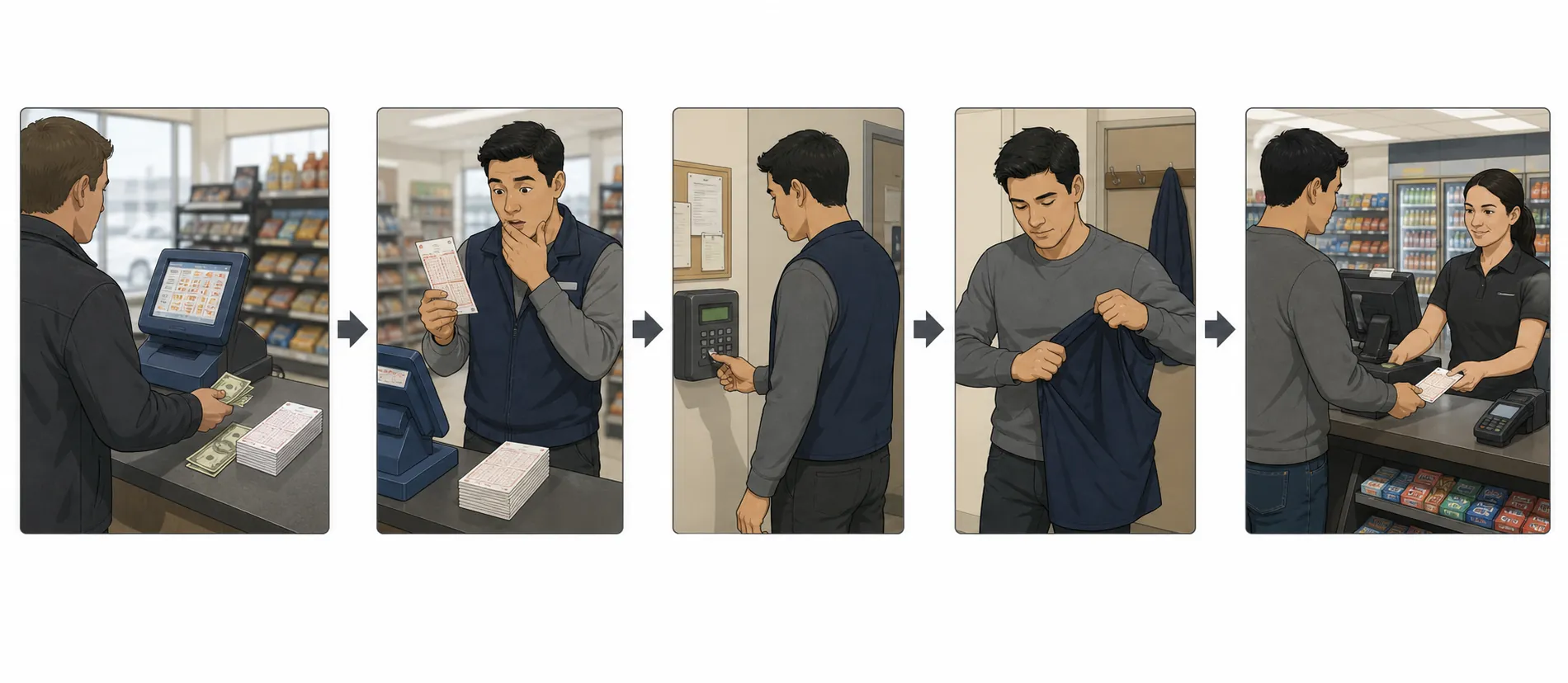 Timeline illustration of a customer ordering printed tickets, an employee examining a ticket, clocking out, removing a uniform vest, and buying a ticket