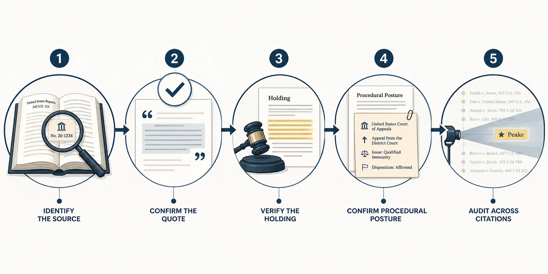 Five-step citation verification workflow with primary authority, quotation, holding, procedure, and wider audit checks