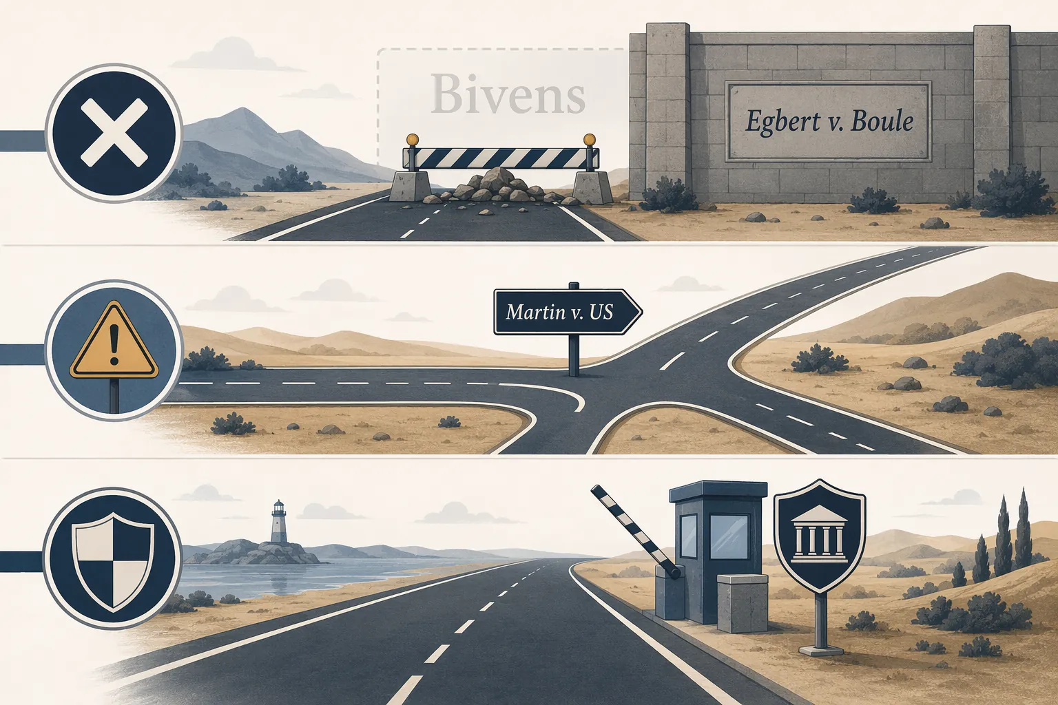 An editorial flowchart showing three legal pathways with a wall, caution sign, and toll barrier