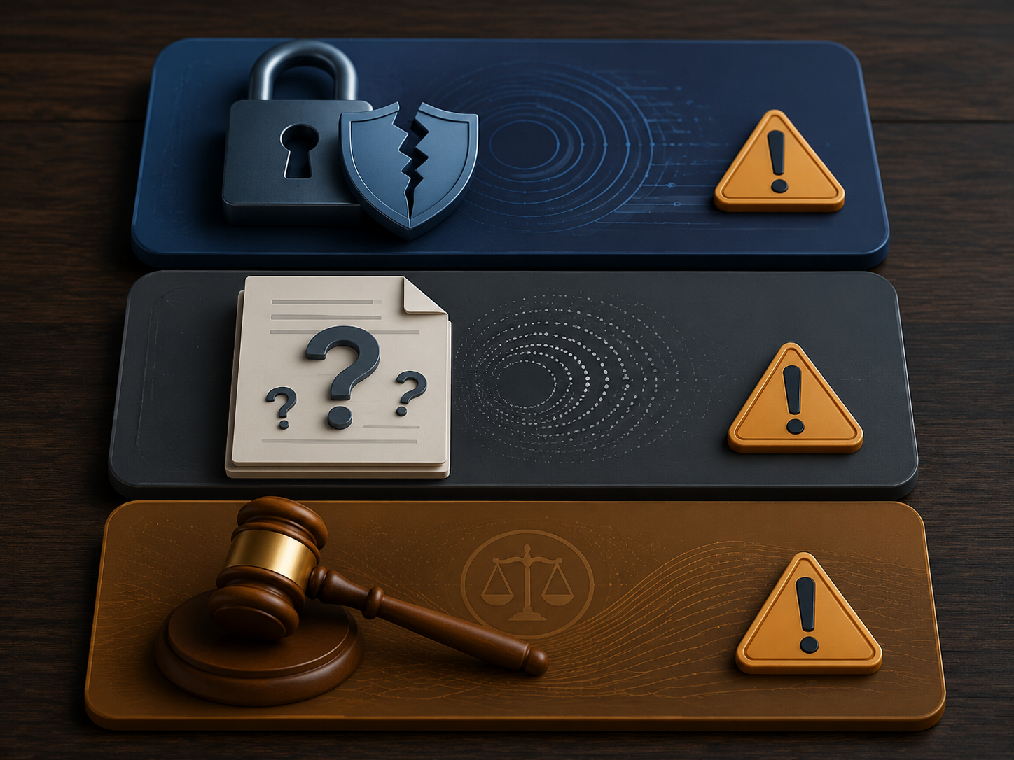 Three-panel visual showing confidentiality, hallucination, and unauthorized practice of law risks