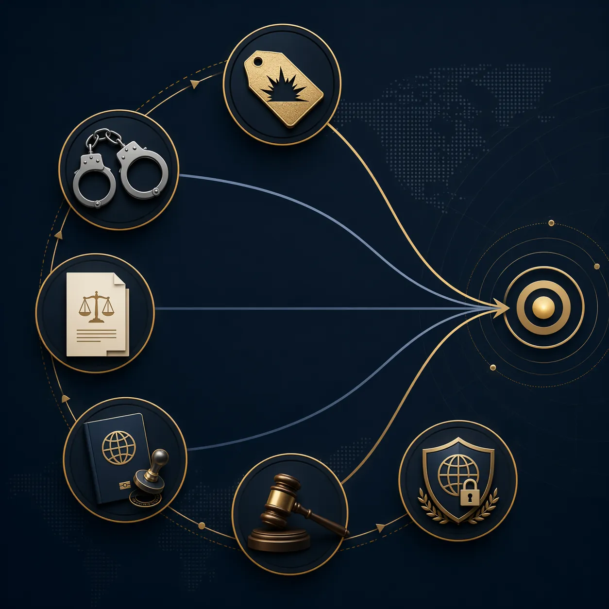 Interconnected icons for terrorism designation, handcuffs, lawsuit document, passport stamp, gavel, and sanctions shield