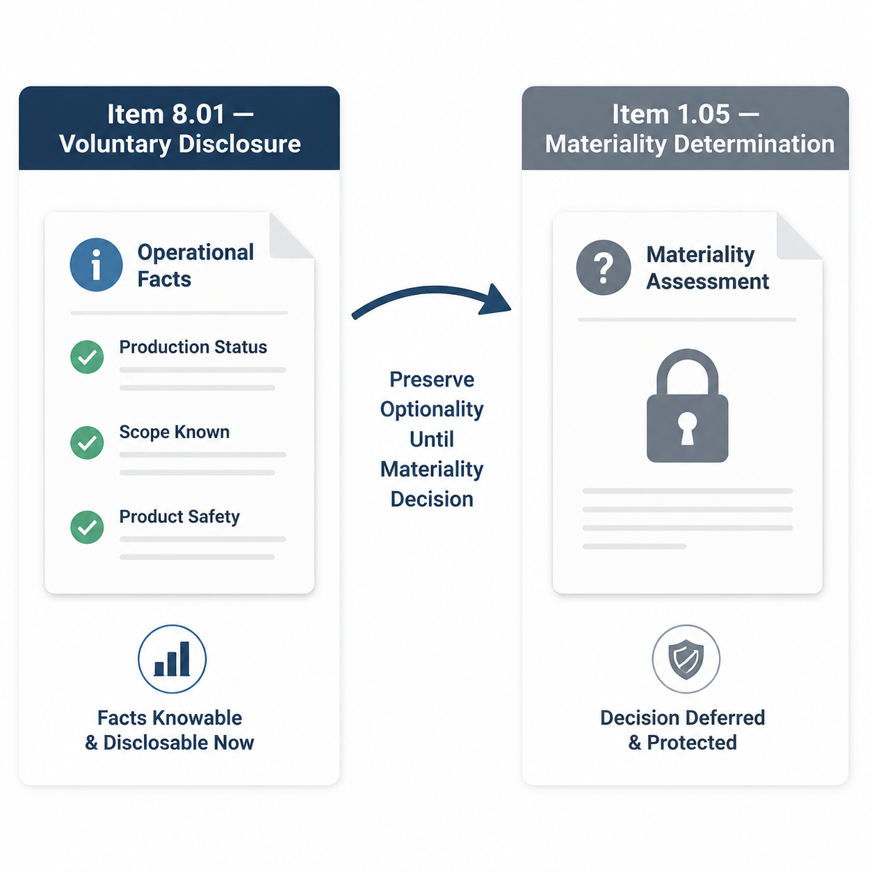 Comparison of Item 8.01 voluntary operational disclosure and Item 1.05 deferred materiality determination