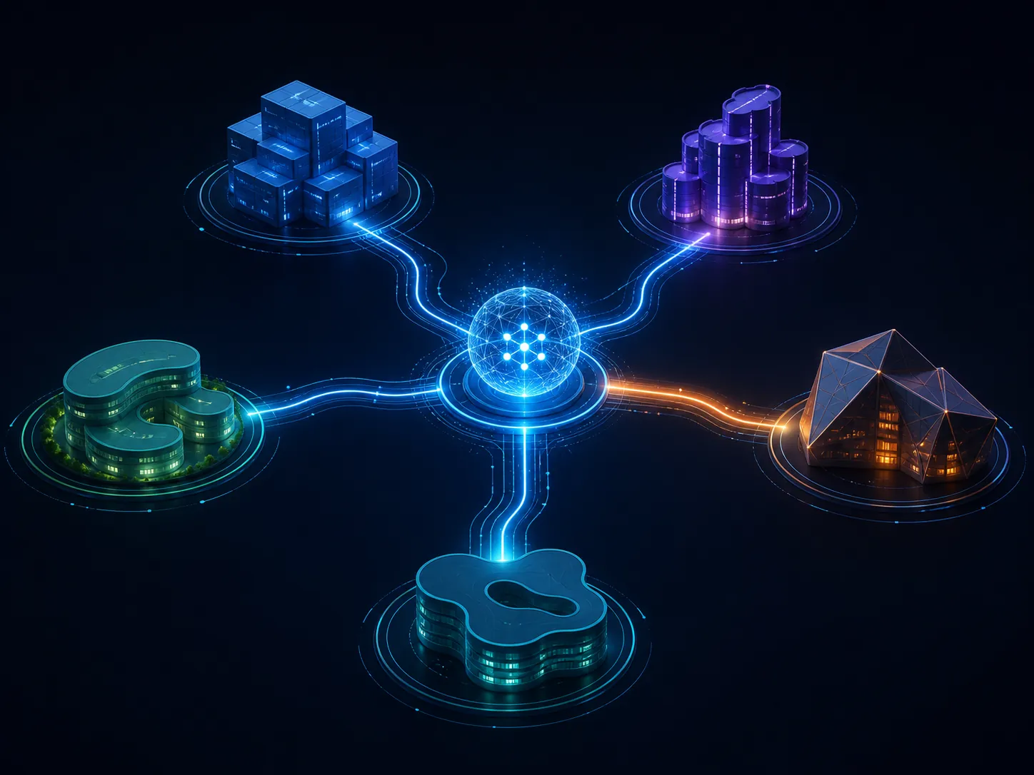 Central AI model node branching to five cloud data-center hubs with one highlighted route