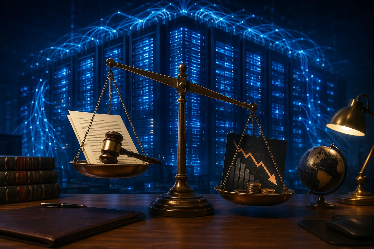 Legal desk with a scale, gavel, AI data-center structure, and downward financial chart