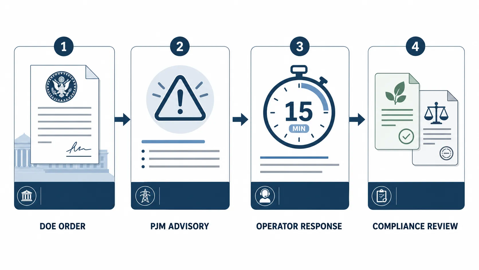 Four-stage compliance escalation sequence from federal document to warning, 15-minute operator response, and legal-environmental review