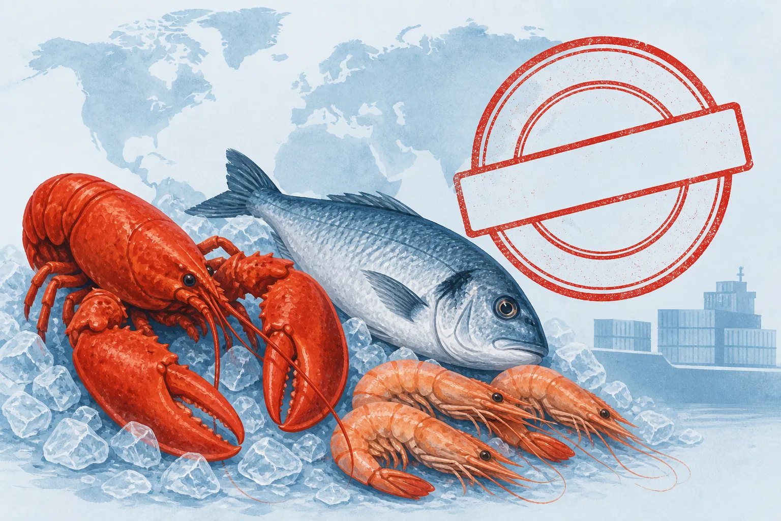 Lobster, fish, and shrimp on ice beside a red customs stamp representing seafood counter-tariffs