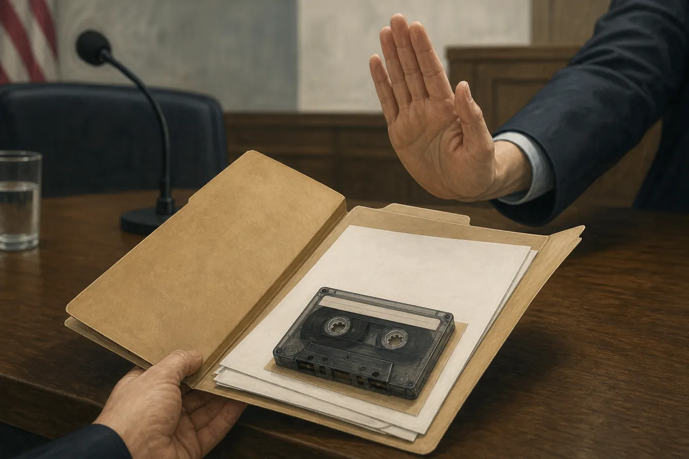 Evidence folder with an audio cassette pushed away in refusal