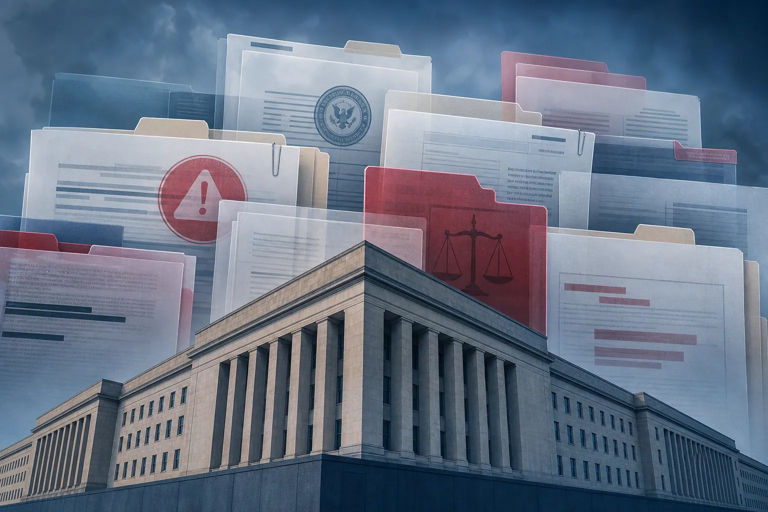Pentagon building with layered legal case files and confidential markers